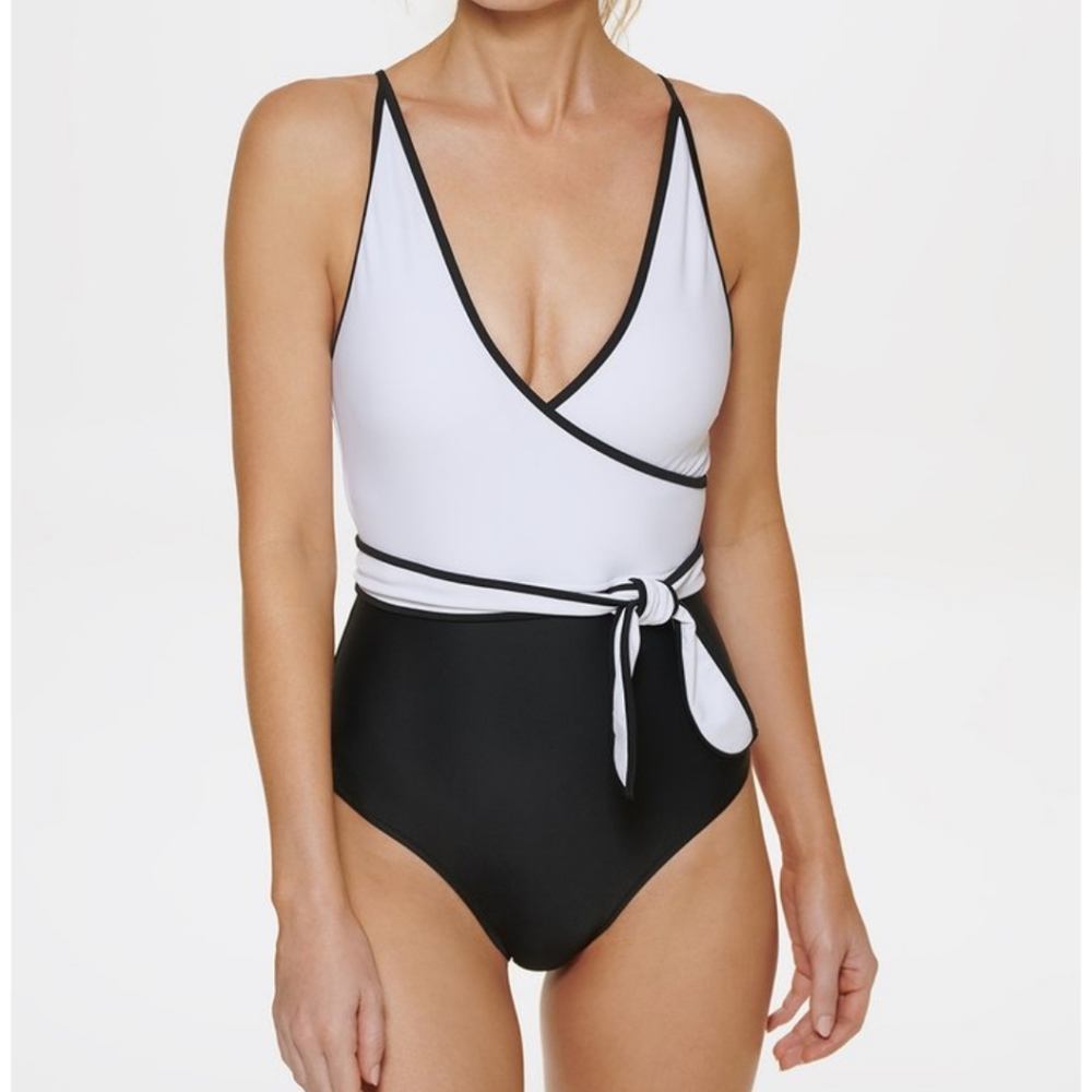 Tommy Hilfiger Colorblock Wrap-Front Tie One-Piece Swimsuit size 14 blac…